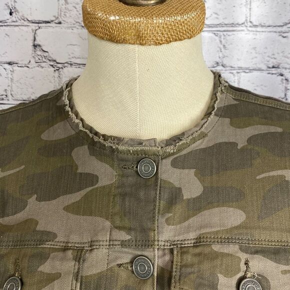 Skinny Girl Womens Camo Military Jacket Button Raw Edge Stretch Green Large - Picture 6 of 14